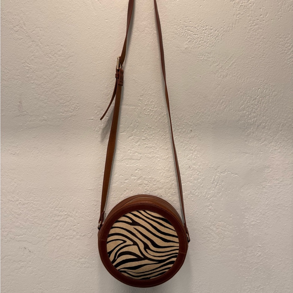 NEW Most Wanted USA Zebra Calf Hair Circle Crossbody Bag - Plaid Lining